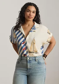 Striped Sailboat-Print Crepe Camp Shirt
