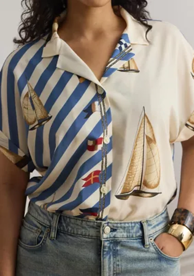 Striped Sailboat-Print Crepe Camp Shirt