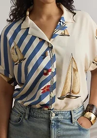 Striped Sailboat-Print Crepe Camp Shirt