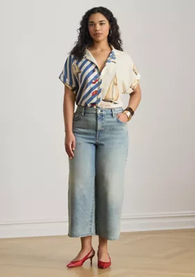 Striped Sailboat-Print Crepe Camp Shirt