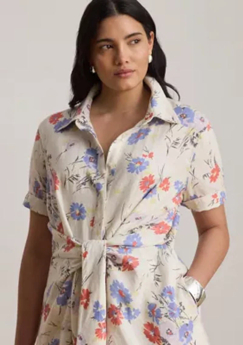 Women's Floral Tie-Front Linen Shirtdress