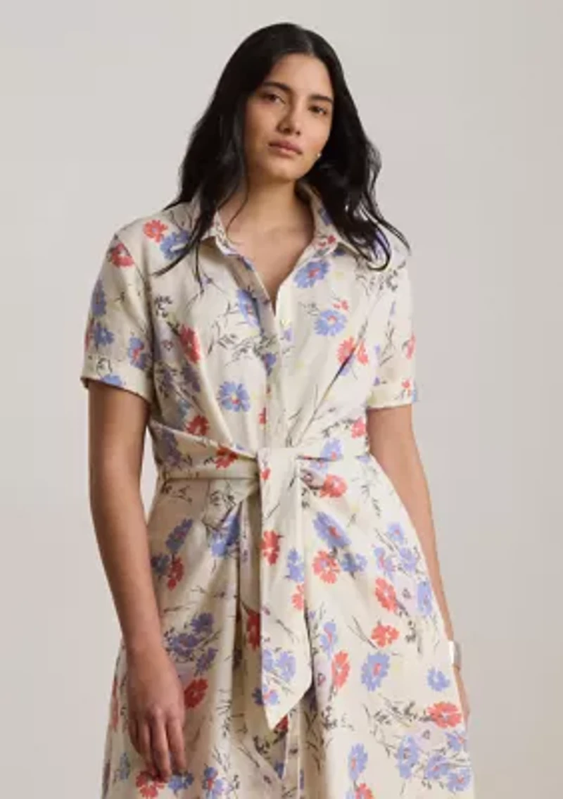 Women's Floral Tie-Front Linen Shirtdress