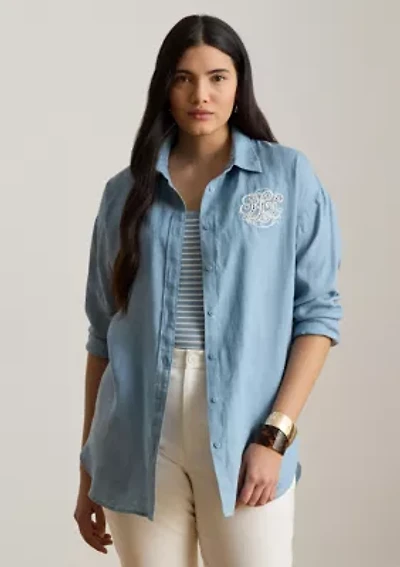 Women's Relaxed Fit Eyelet-Logo Linen Shirt