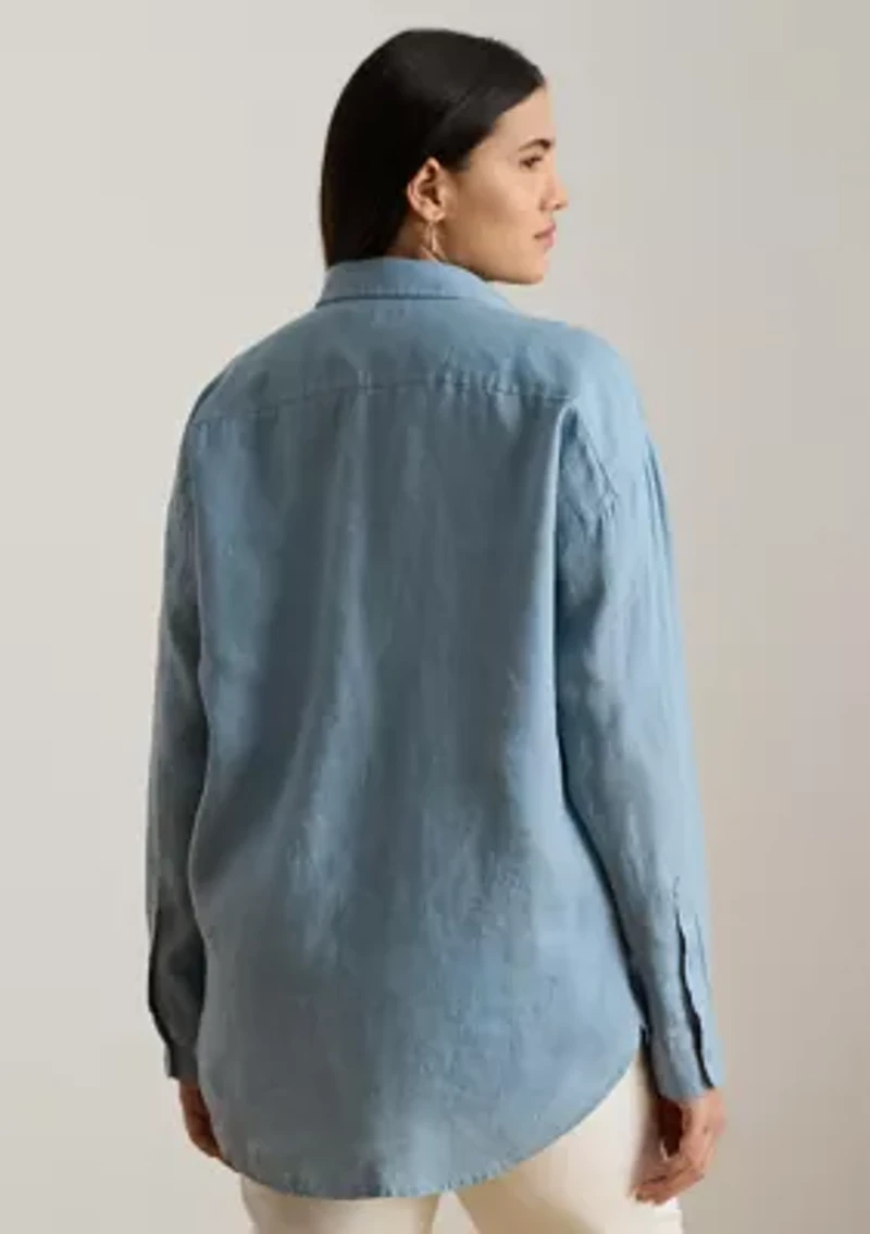 Women's Relaxed Fit Eyelet-Logo Linen Shirt