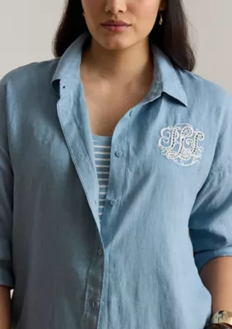 Women's Relaxed Fit Eyelet-Logo Linen Shirt