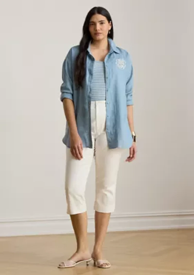 Women's Relaxed Fit Eyelet-Logo Linen Shirt