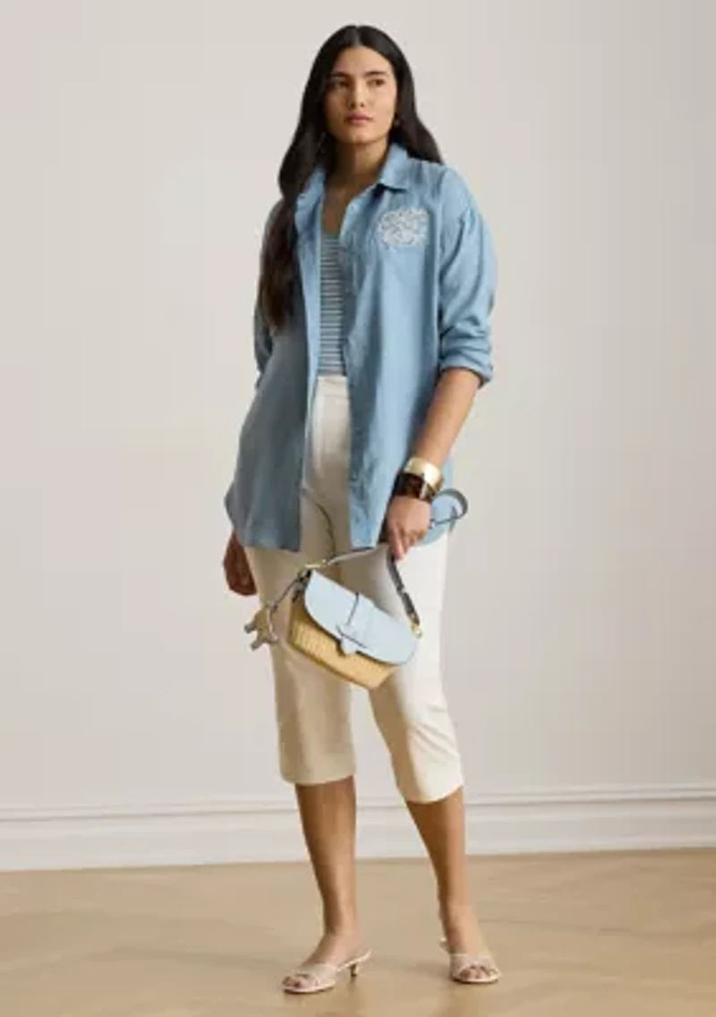 Women's Relaxed Fit Eyelet-Logo Linen Shirt