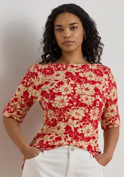 Floral Stretch Cotton Boat Neck T-Shirt