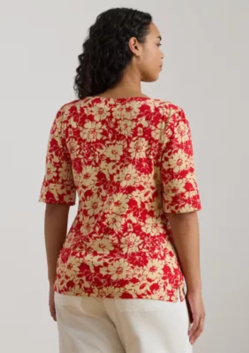 Floral Stretch Cotton Boat Neck T-Shirt