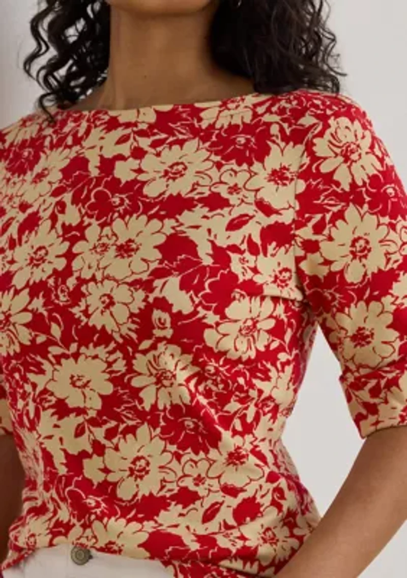 Floral Stretch Cotton Boat Neck T-Shirt