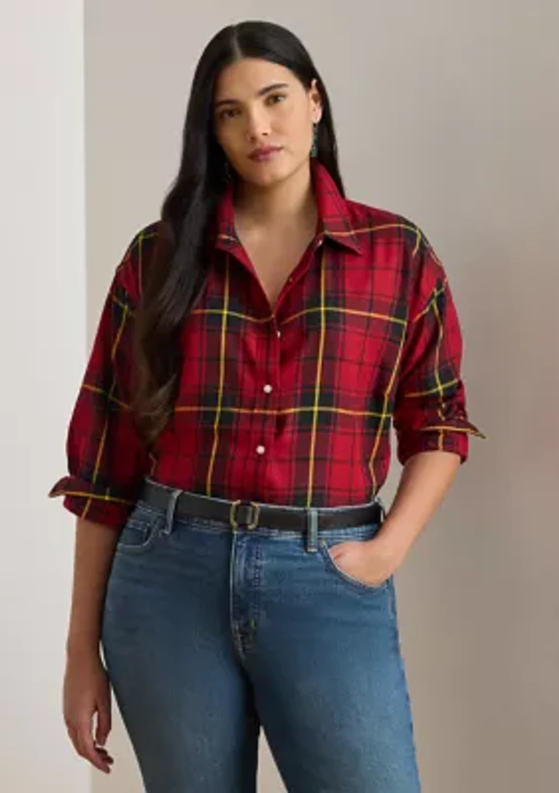 Plus Relaxed Fit Checked Plaid Cotton Shirt