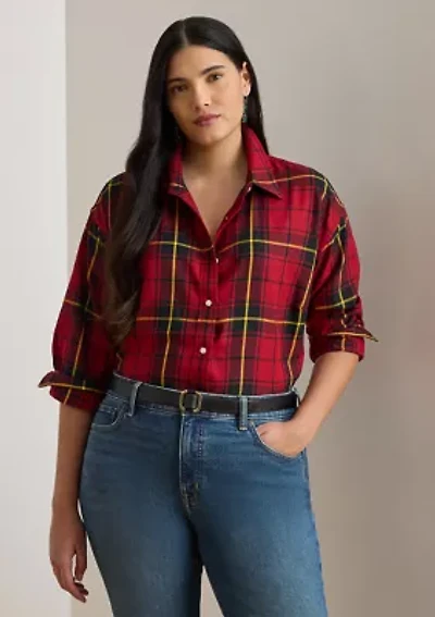 Plus Relaxed Fit Checked Plaid Cotton Shirt