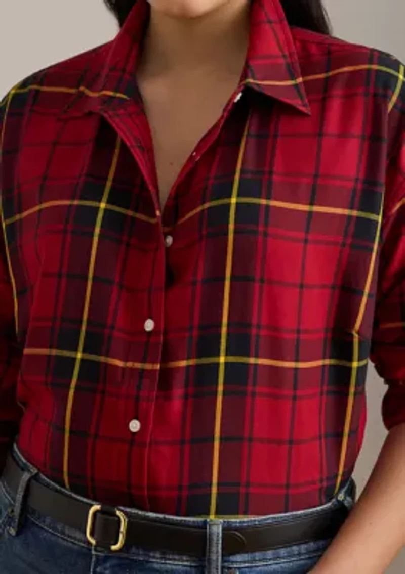 Plus Relaxed Fit Checked Plaid Cotton Shirt