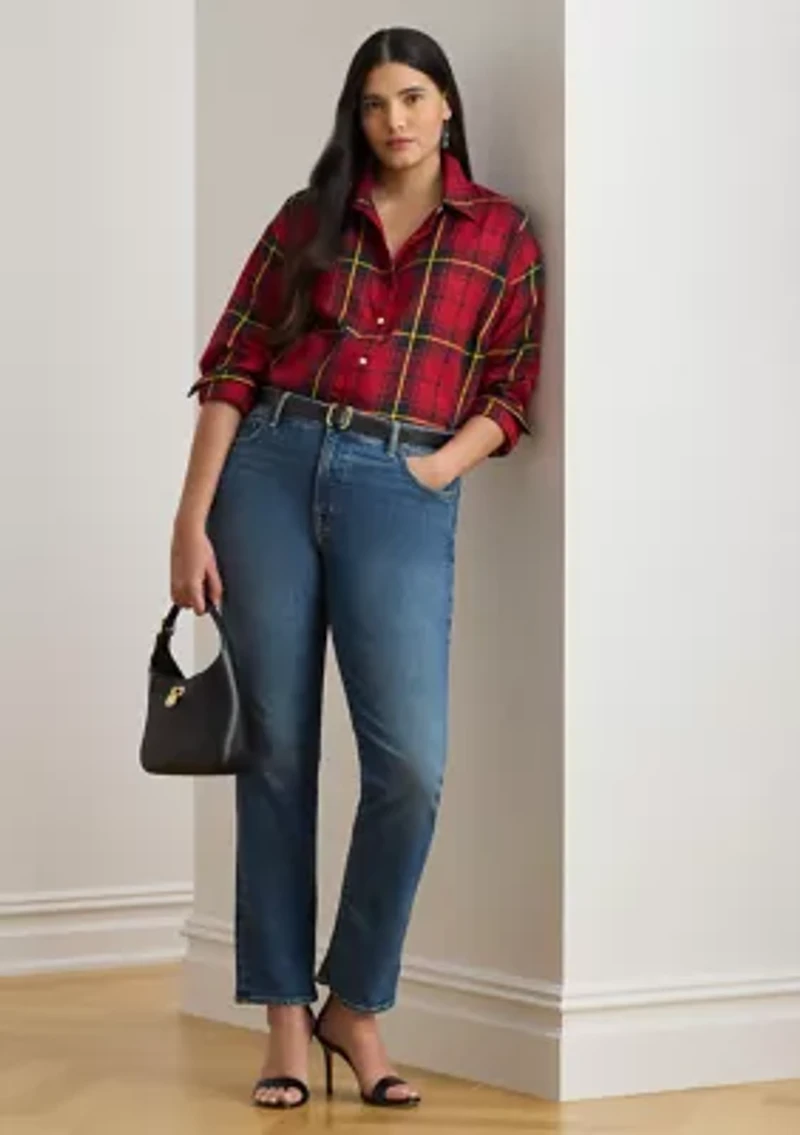 Plus Relaxed Fit Checked Plaid Cotton Shirt