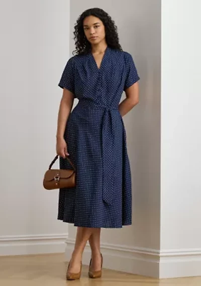 Polka-Dot Belted Crepe Dress