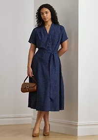 Polka-Dot Belted Crepe Dress