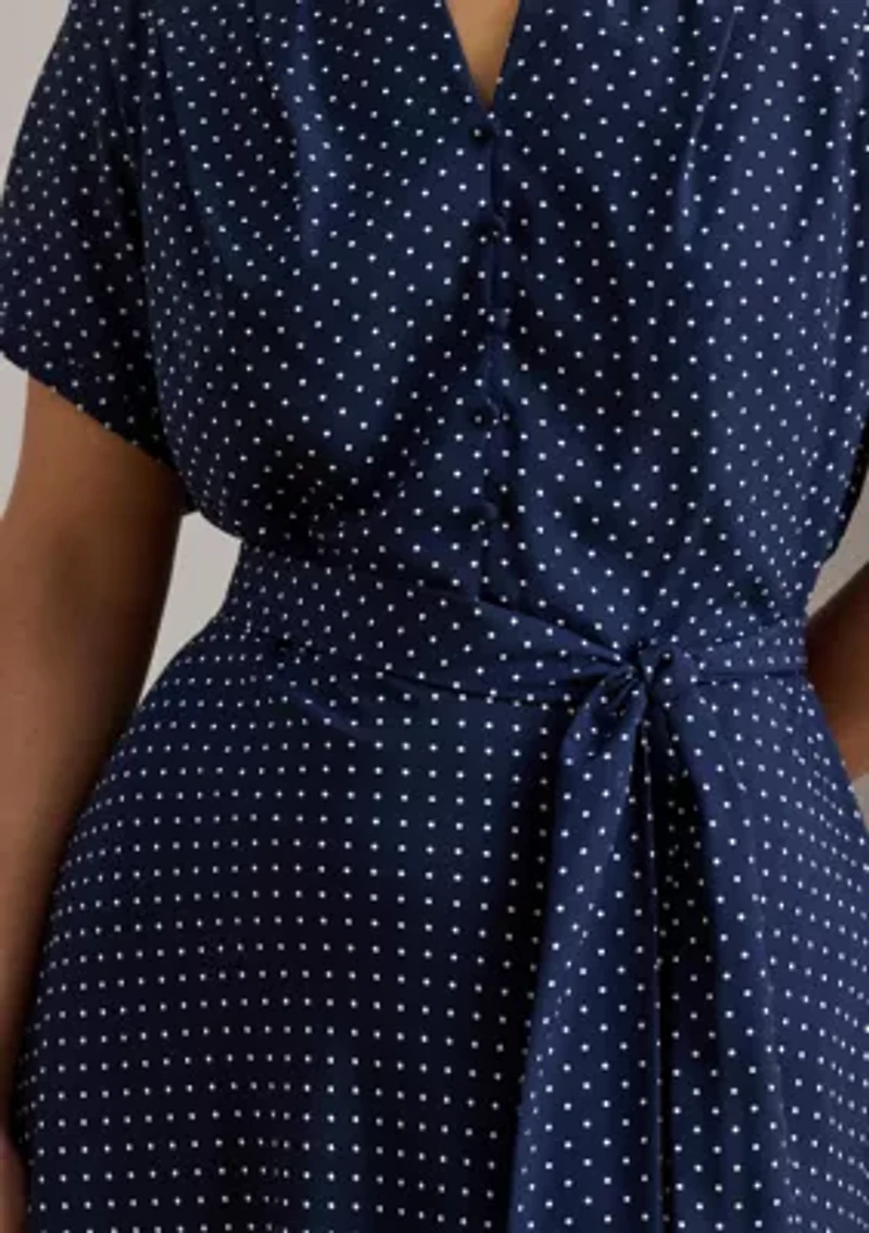 Polka-Dot Belted Crepe Dress