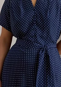 Polka-Dot Belted Crepe Dress