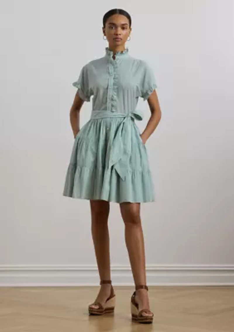 Striped Ruffle Trim Voile Shirtdress