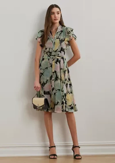 Petites Floral Belted Georgette Shirtdress