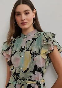 Petites Floral Belted Georgette Shirtdress