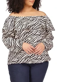 Plus Tiger Print Ruffle Peasant Top
