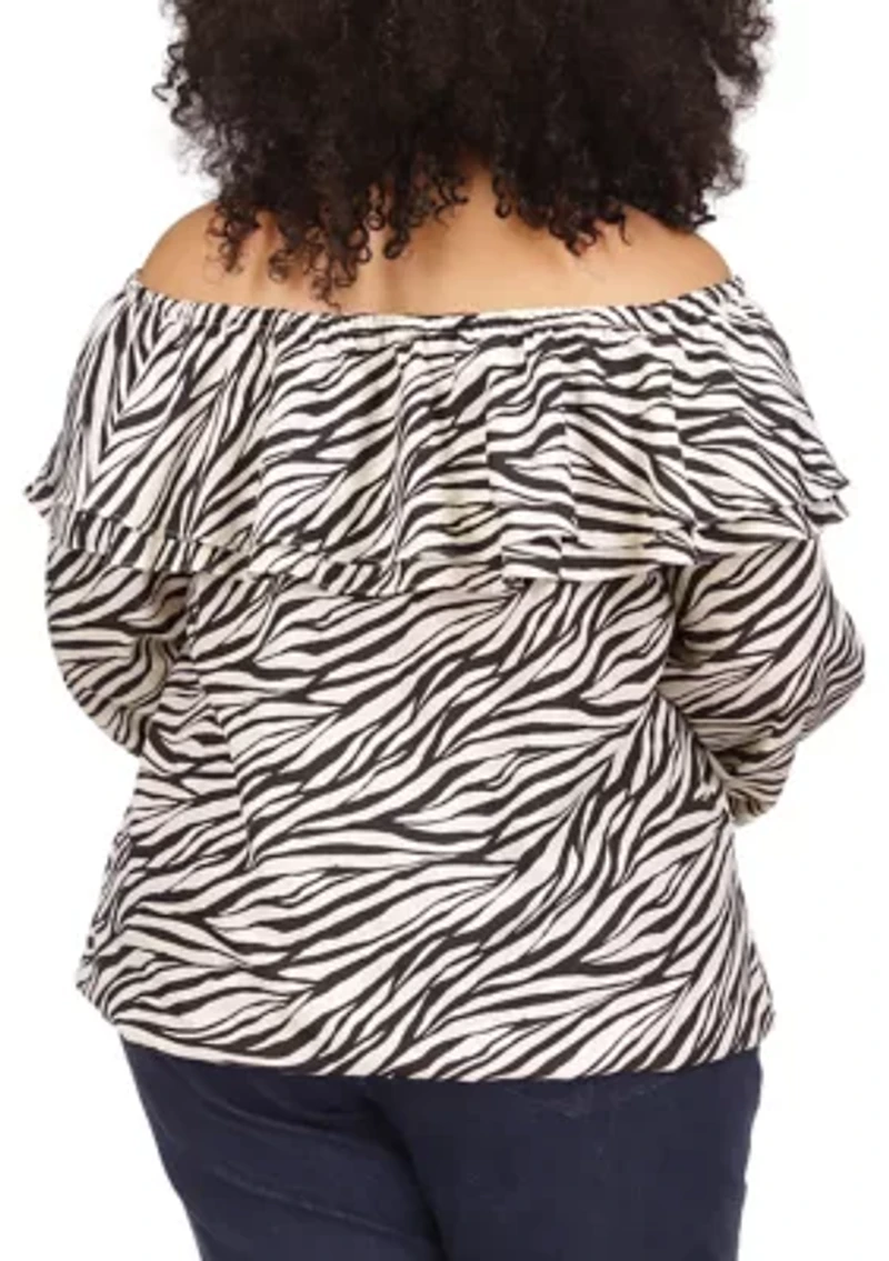 Plus Tiger Print Ruffle Peasant Top