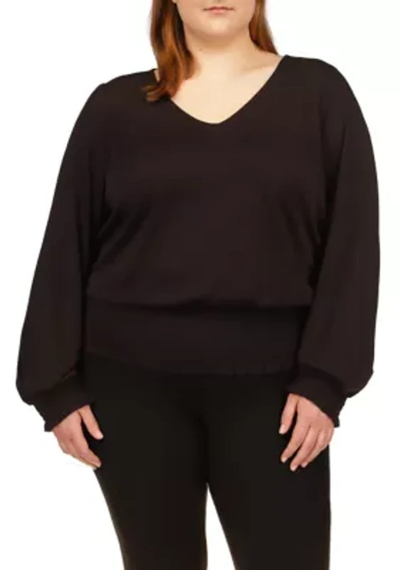 Plus Solid Long Sleeve Smock Top