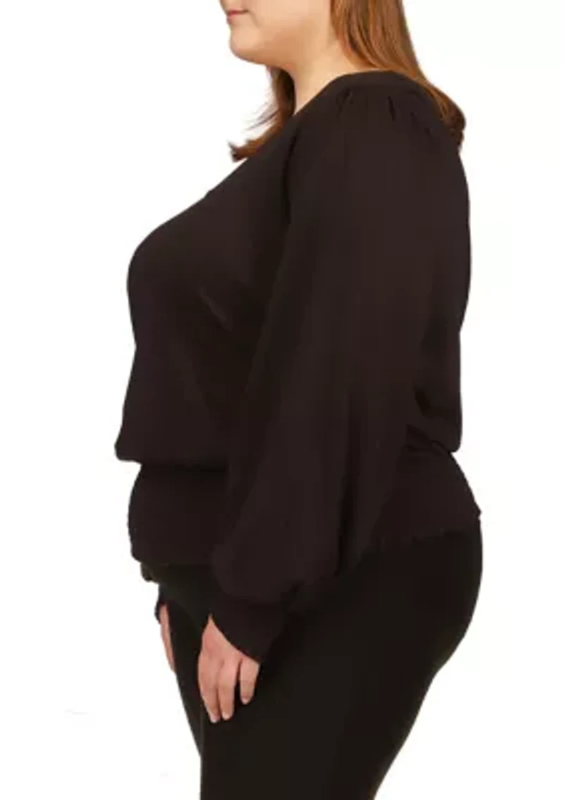 Plus Solid Long Sleeve Smock Top