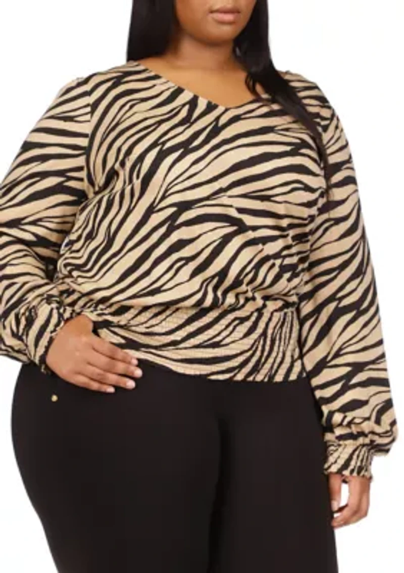 Plus Tiger Printed Smocked Top