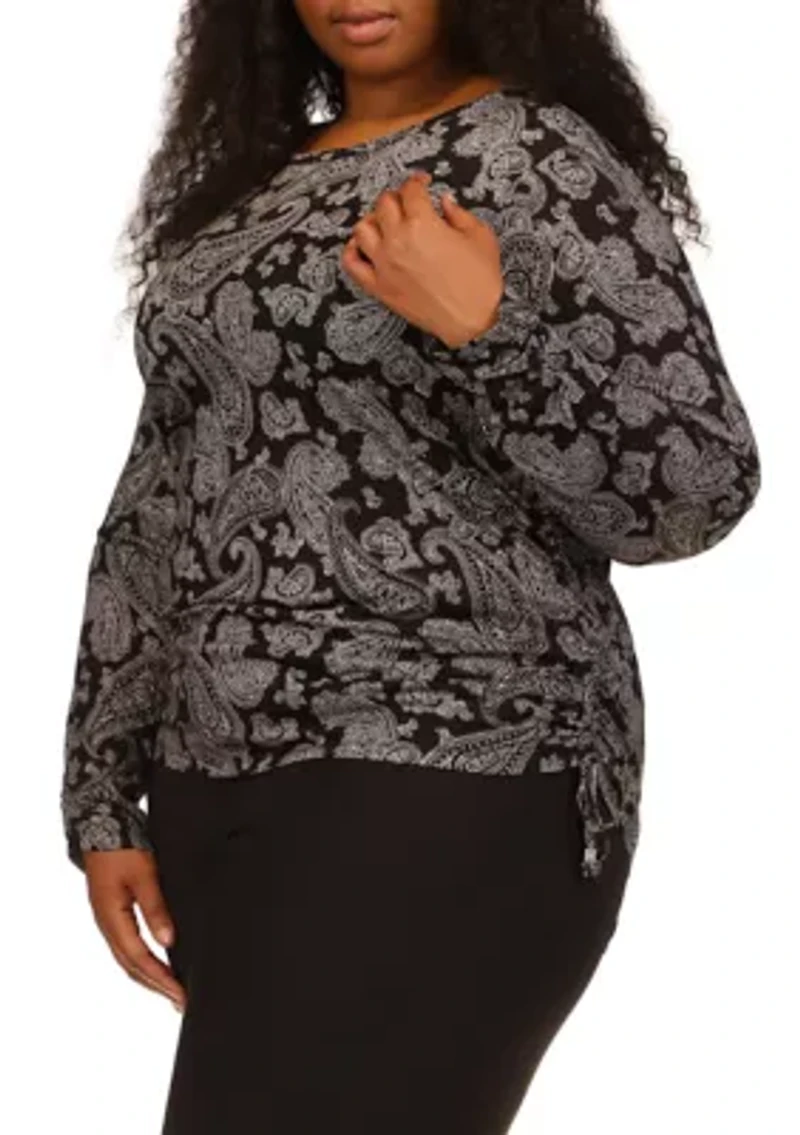 Plus Printed Ruched Long Sleeve T-Shirt