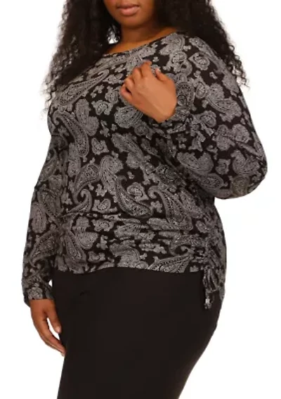 Plus Printed Ruched Long Sleeve T-Shirt