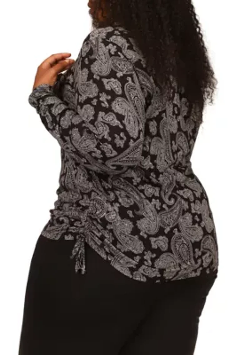 Plus Printed Ruched Long Sleeve T-Shirt