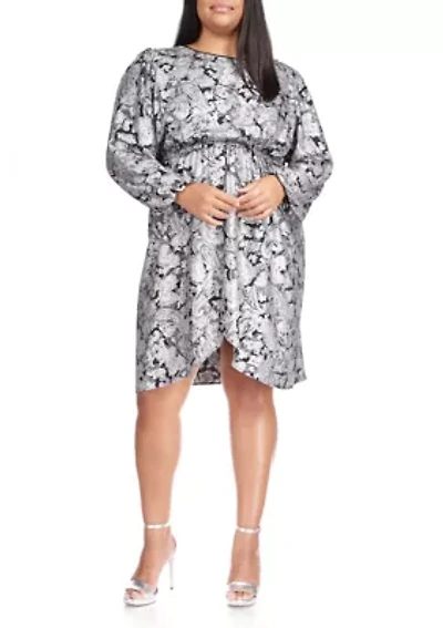 Plus Long Sleeve Paisley Flounce Dress
