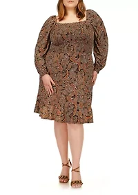 Plus Crinkle Smocked Mini Long Sleeve Dress