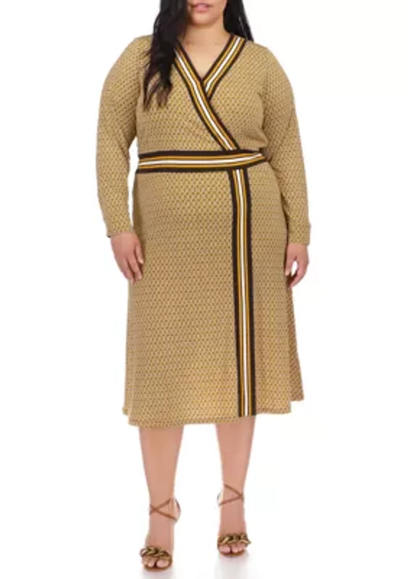 Plus Faux Wrap Border Printed Midi Dress