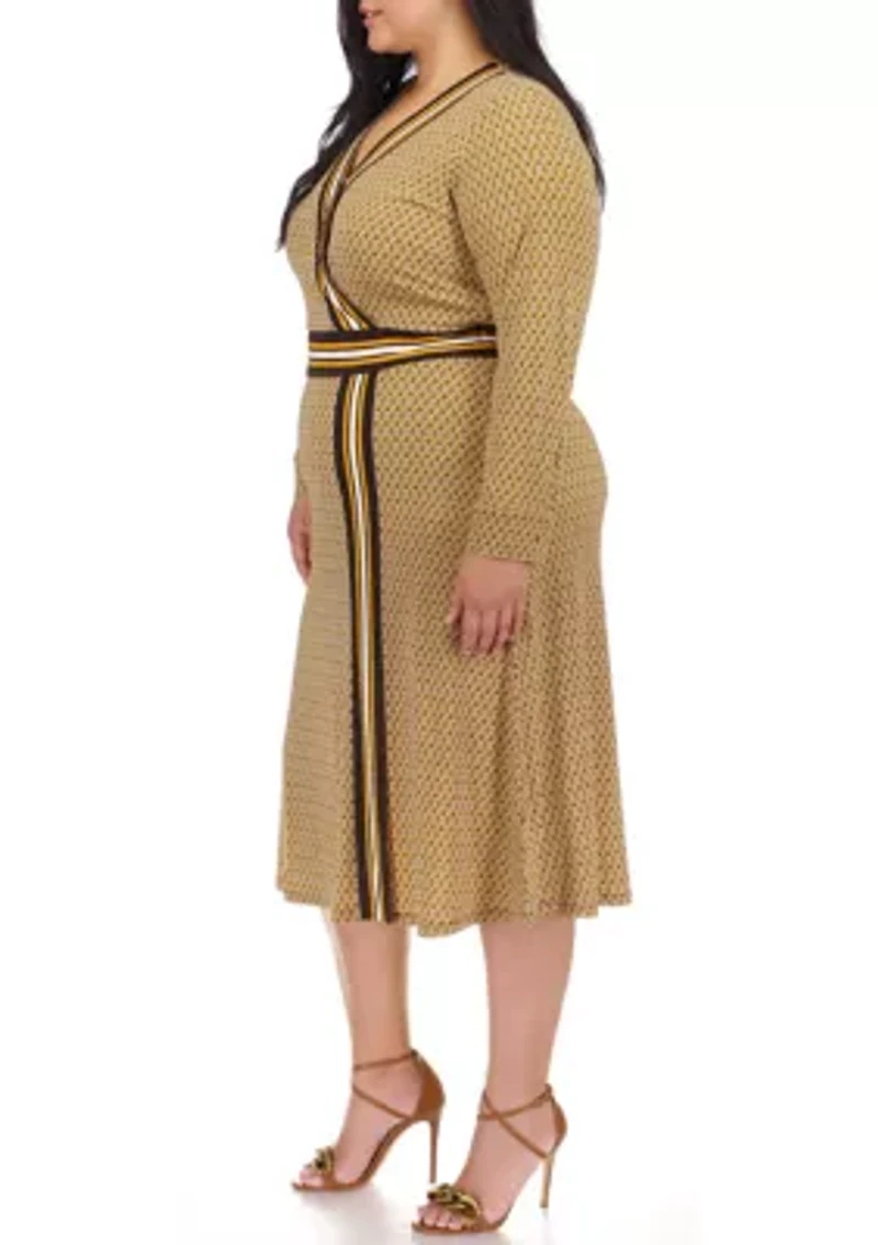 Plus Faux Wrap Border Printed Midi Dress