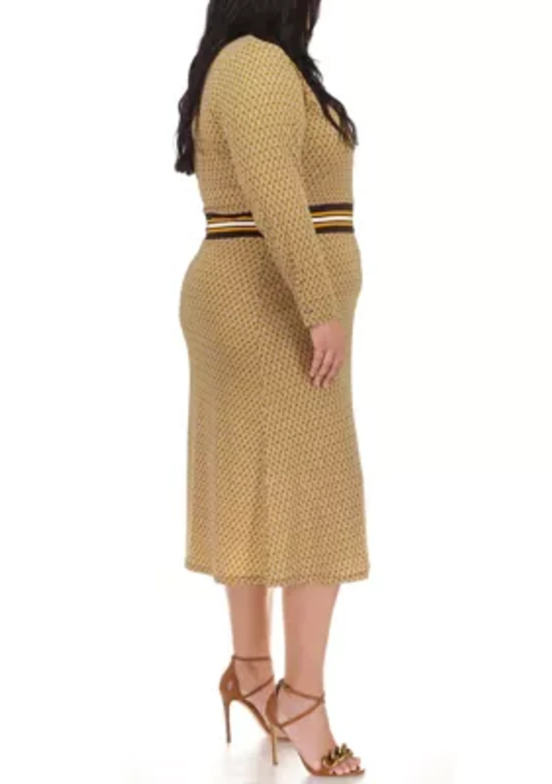 Plus Faux Wrap Border Printed Midi Dress