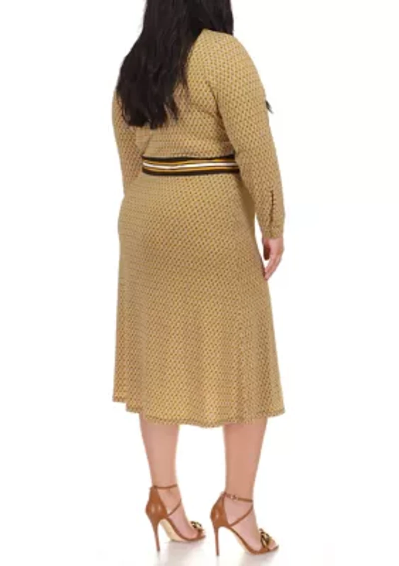 Plus Faux Wrap Border Printed Midi Dress