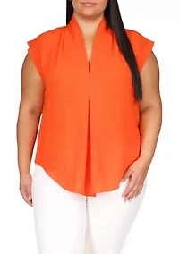 Plus Sleeveless Pinstripe Crepe Pleated Top