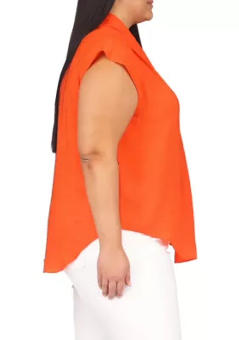 Plus Sleeveless Pinstripe Crepe Pleated Top