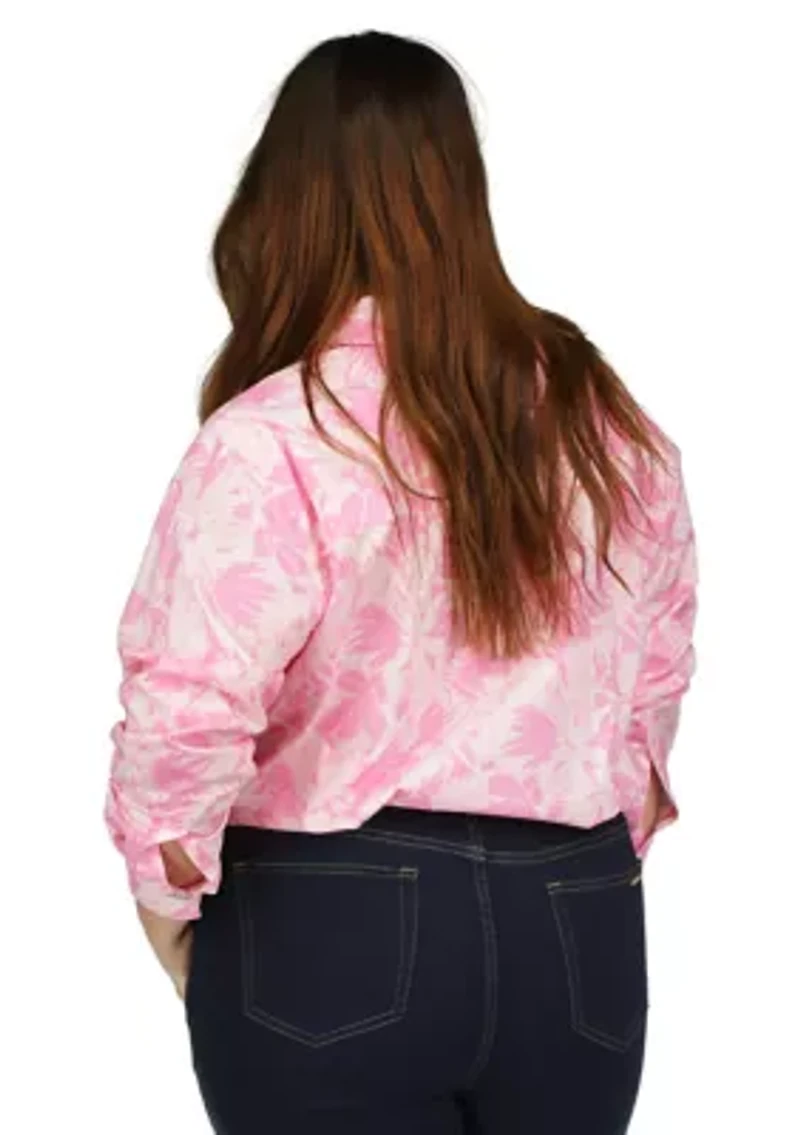 Plus Woven Palm Printed Tie Front Blouse