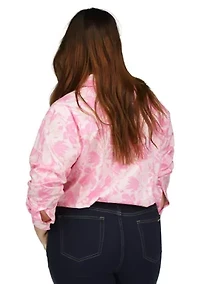 Plus Woven Palm Printed Tie Front Blouse