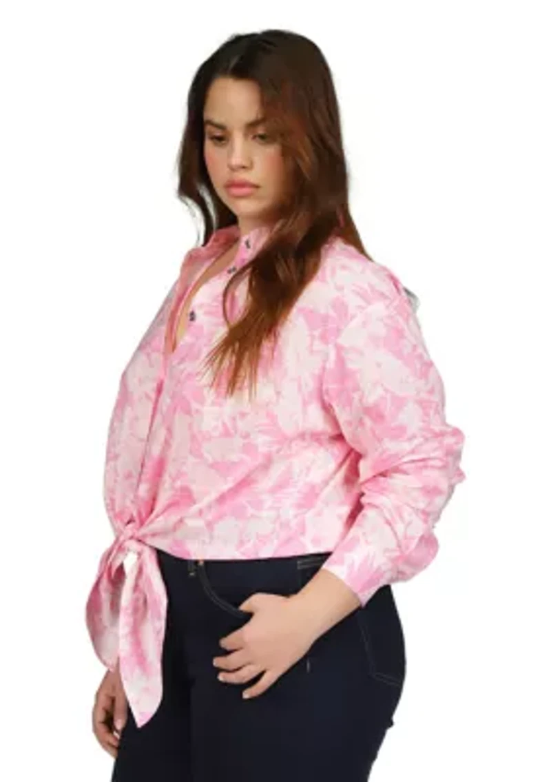 Plus Woven Palm Printed Tie Front Blouse