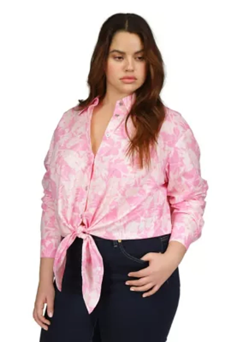 Plus Woven Palm Printed Tie Front Blouse