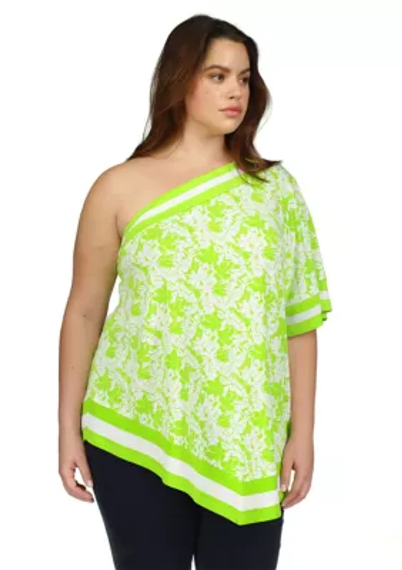 Plus One Shoulder Border Printed Top