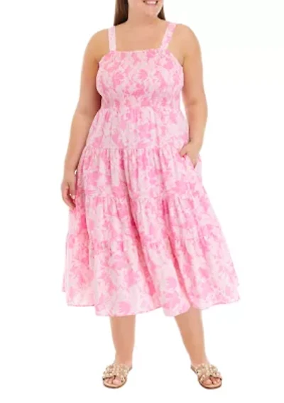 Plus Palm Tiered Smock Dress