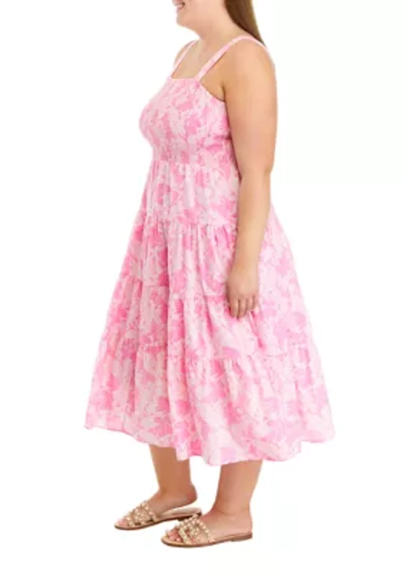 Plus Palm Tiered Smock Dress