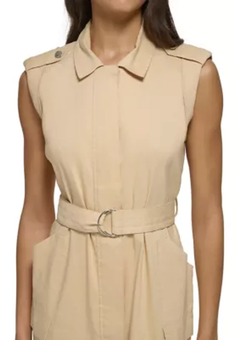 Women's Sleeveless Belted Linen Shirtdress