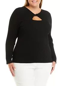 Plus Long Sleeve Twist Front Rib Cut Out Top